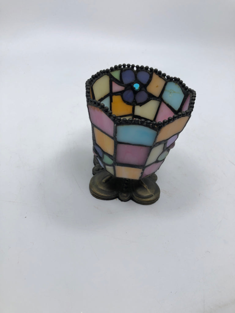 FOOTED STAINED GLASS TEA-LIGHT HOLDER.
