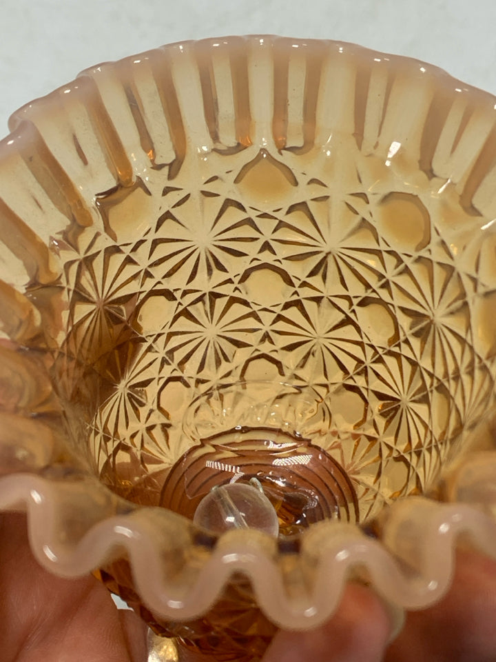 VTG ORANGE OPALESCENT DAISY & BUTTON PATTERN BELL W/ RUFFLES EDGE.