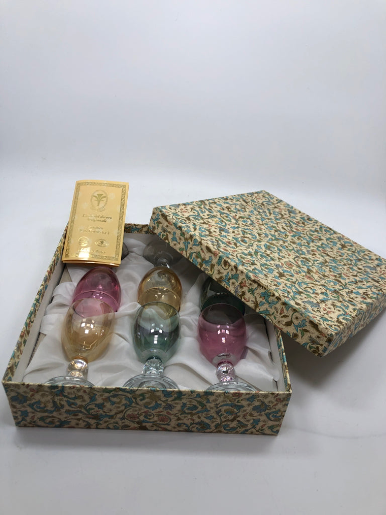 6 MULTI-COLORED IRIDESCENT ITALIAN GLASSES - J PREZIOSI - IN BOX.