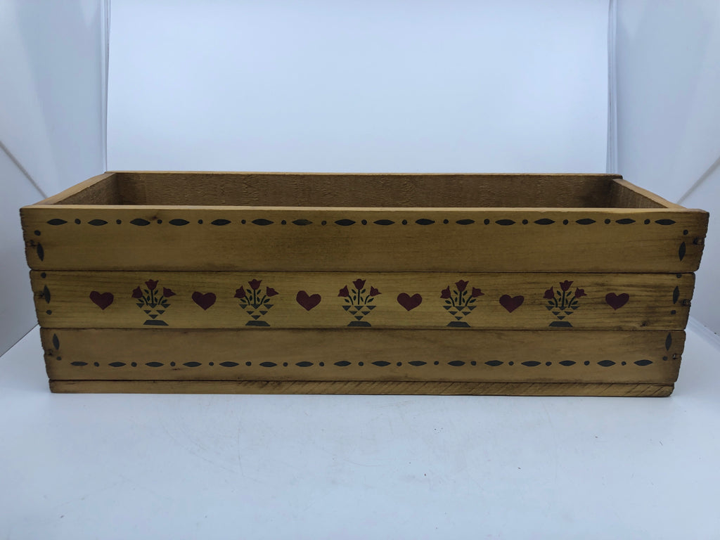 BLONDE WOOD RECTANGLE STOARGE W/ PAINTED RED TULIPS+HEARTS.