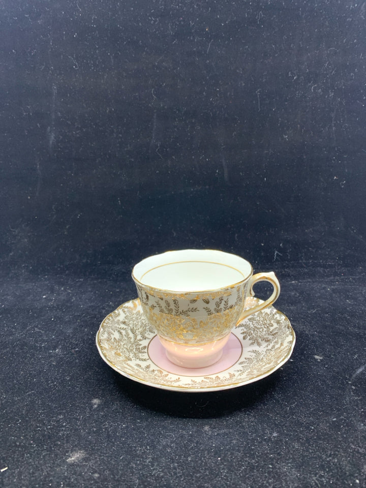 VTG PINK W GOLD FLORAL TEACUP AND SAUCER.