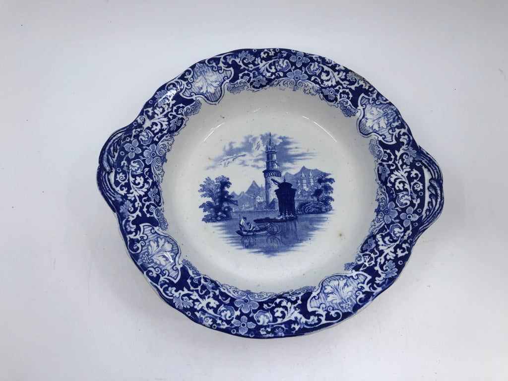 VTG BLUE/WHITE IRONSTONE FOOTED SERVING BOWL W/ HANDLES-MEN ON FISHING BOAT LACE