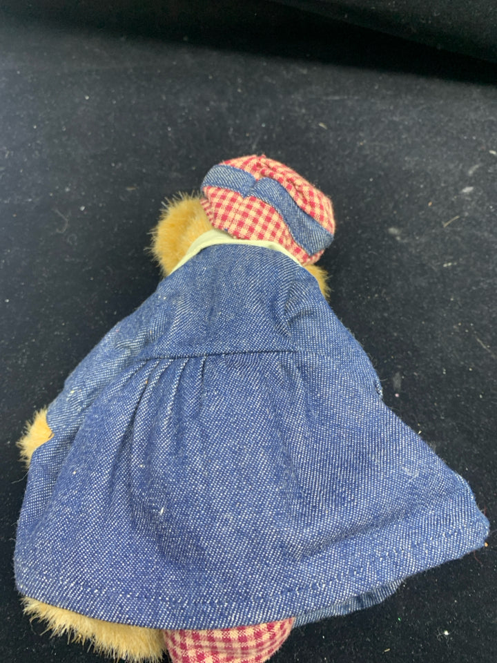 SMALL BOYDS BEAR IN JEAN DRESS.