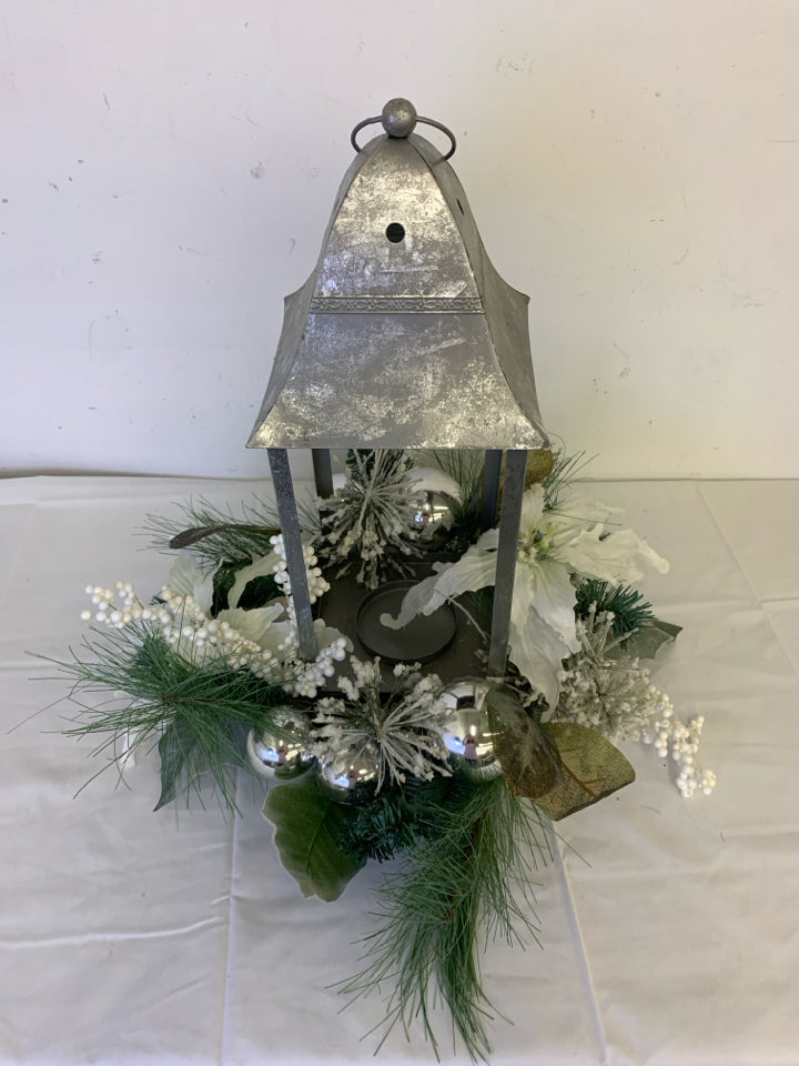 LARGE GALVANIZED LANTERN W/ FAUX  WINTER WREATH BOUQUET BOTTOM.