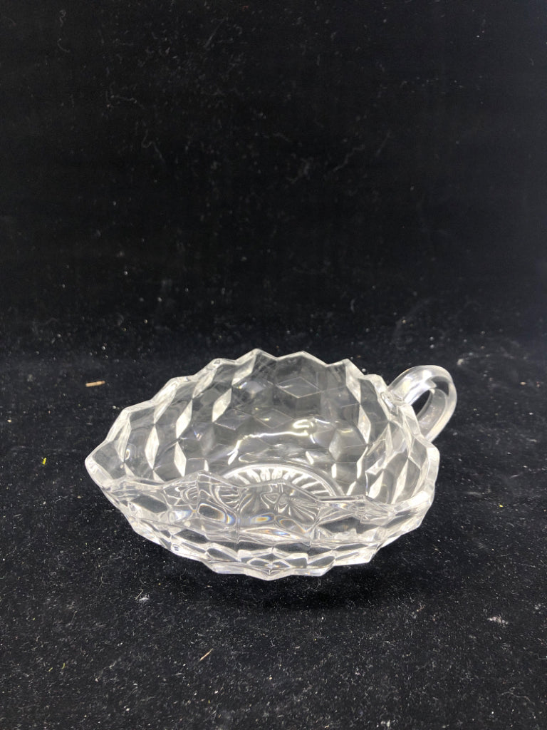 VTG SMALL GLASS CUBE PATTERN BOWL W HANDLE.