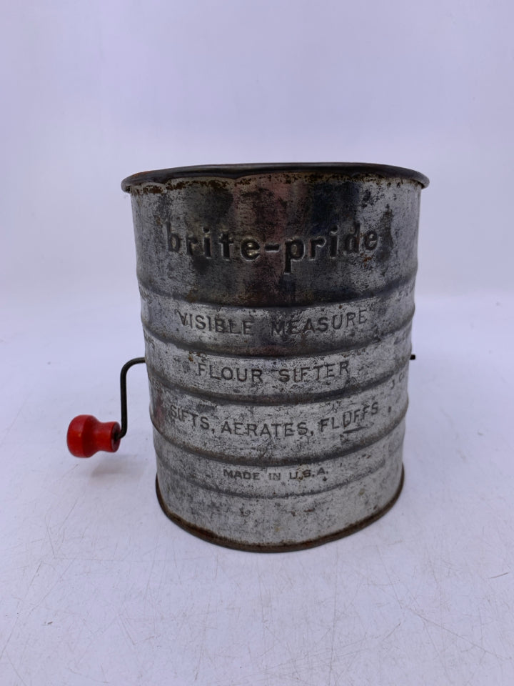 BRITE-PRIDE 5 CUP FLOUR SIFTER W/ RED HANDLE.