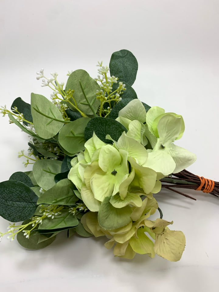 FAUX HYDRANGEA AND GREENS BOUQUET.