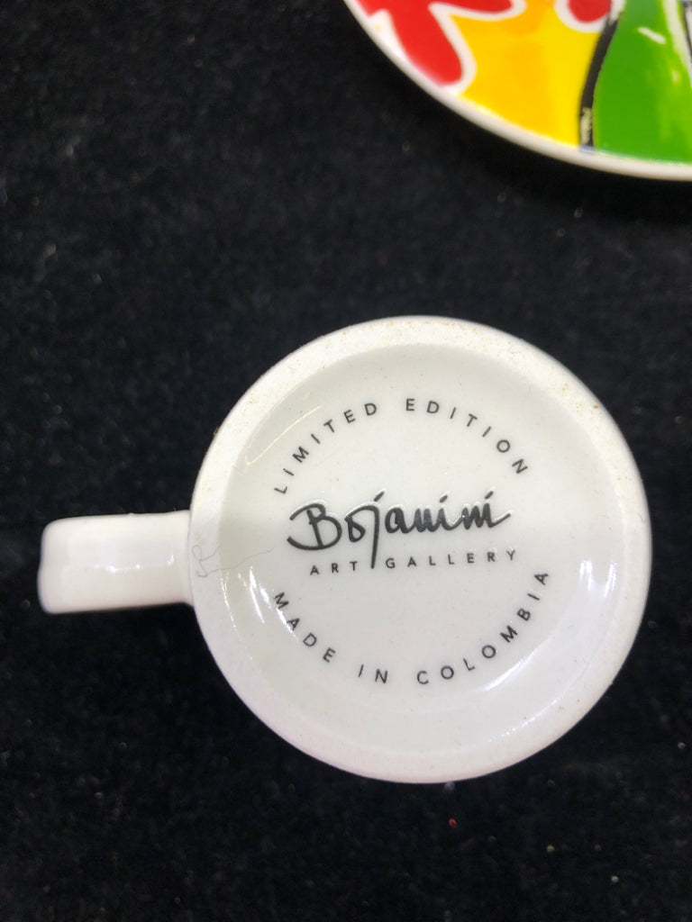 4 PC SVC 2 COLORFUL ESPRESSO MUGS W/ FACES.