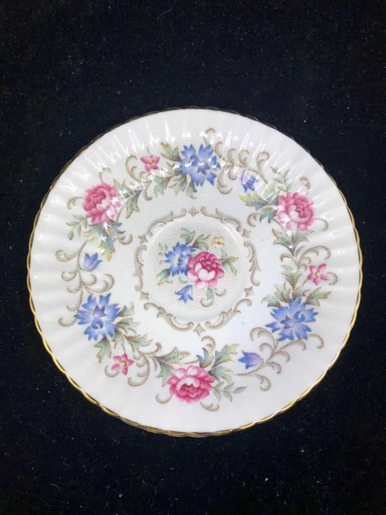 VTG CHATELAINE TEA CUP + SAUCER W BLUE AND PINK FLOWER DESIGN.