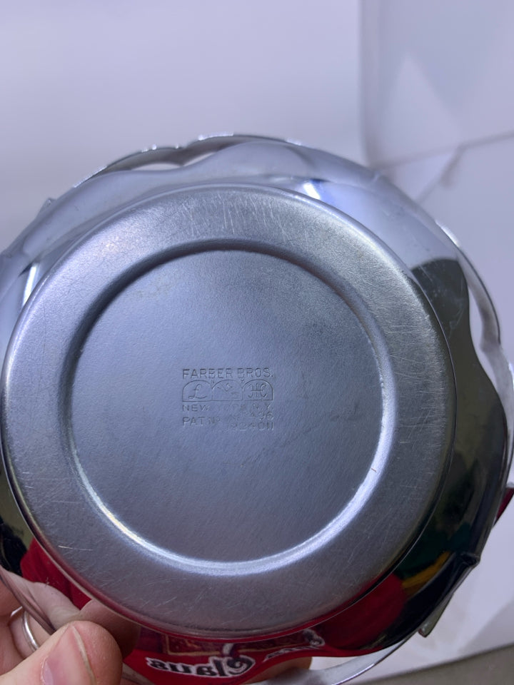 SILVER METAL BASE W/ SHALLOW PURPLE GLASS INSERT.