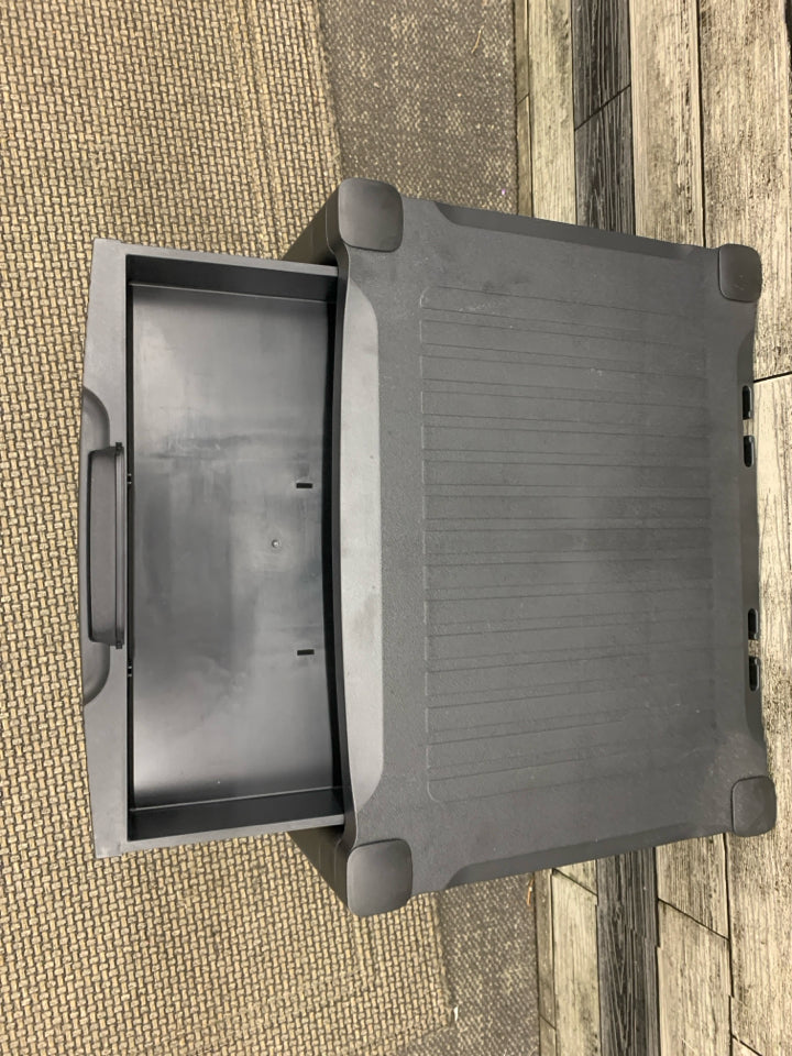 BLACK PLASTIC 2 TIER ROLLING CART W/ SMALL DRAWER.
