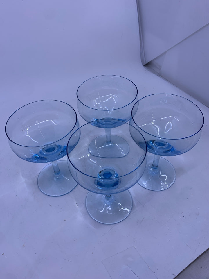 4 BLUE COUPE COCKTAIL GLASSES.