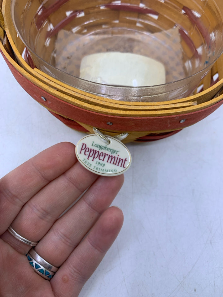 1999 TREE TRIMMINGS PEPPERMINT BASKET W/ PROTECTOR & TIE-ON.