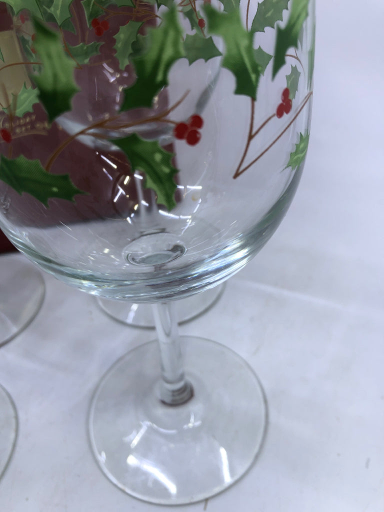 4 LENOX HOLIDAY HOLLY WINE GOBLETS.