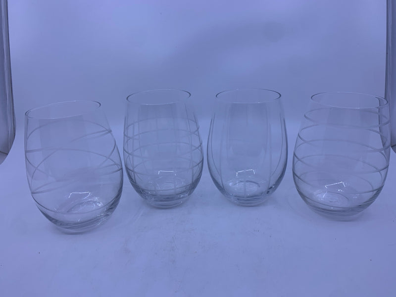 4 FROSTED PATTERNED STEMLESS WINE GLASSES.