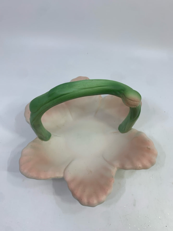 PINK FLOWER CERAMIC DISH W/GREEN HANDLE.