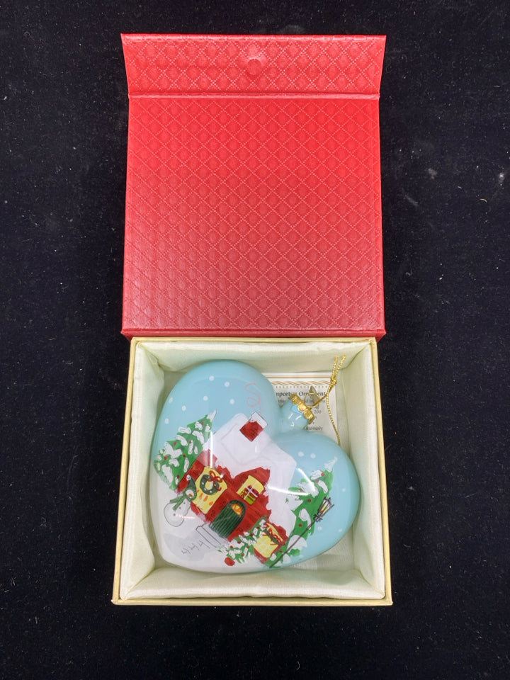 PIER 1 TEAL HEART SNOWMAN W COTTAGE HEART ORNAMENT IN BOX.