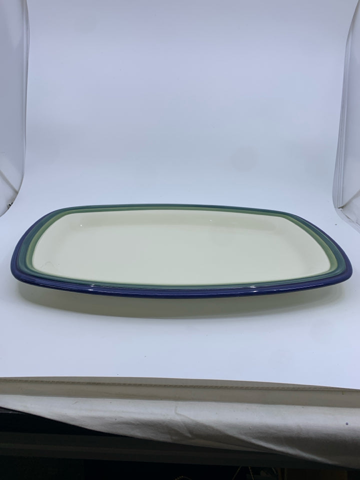 RECTANGLE CREAM GREEN BLUE STRIPED PLATTER.