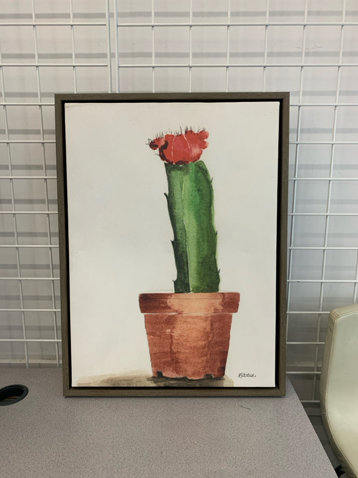 FLOWERING CACTUS CANVAS W/BROWN FRAME.
