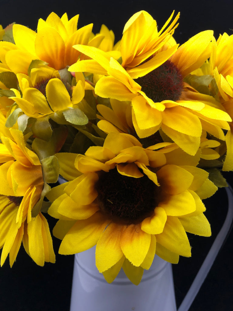 FAUX SUNFLOWERS IN WHITE METAL PITCHER.