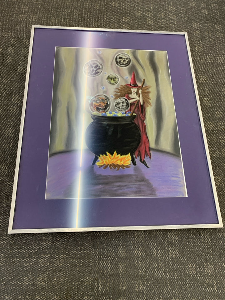 WITCH + CAULDRON BUBBLE SKULLS FRAMED ART.