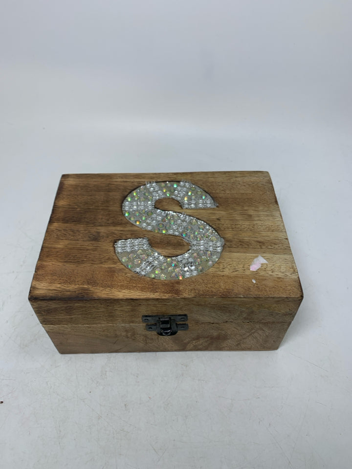 SMALLER WOOD BOX W/ SPARKLE MONOGRAM "S" JEWELRY BOX.