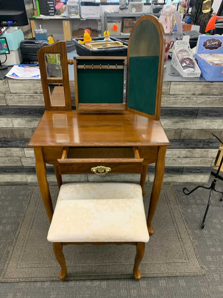 DARK WOOD VANITY W/ SECRET JEWELRY STORAGE BEHIND MIRROR ADJUSTABLE W/ CREAM FLO