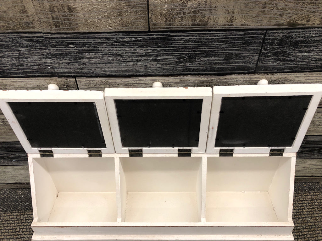 WHITE FARMHOUSE STYLE DIVIDED ORGANIZER W CHALK BOARD.