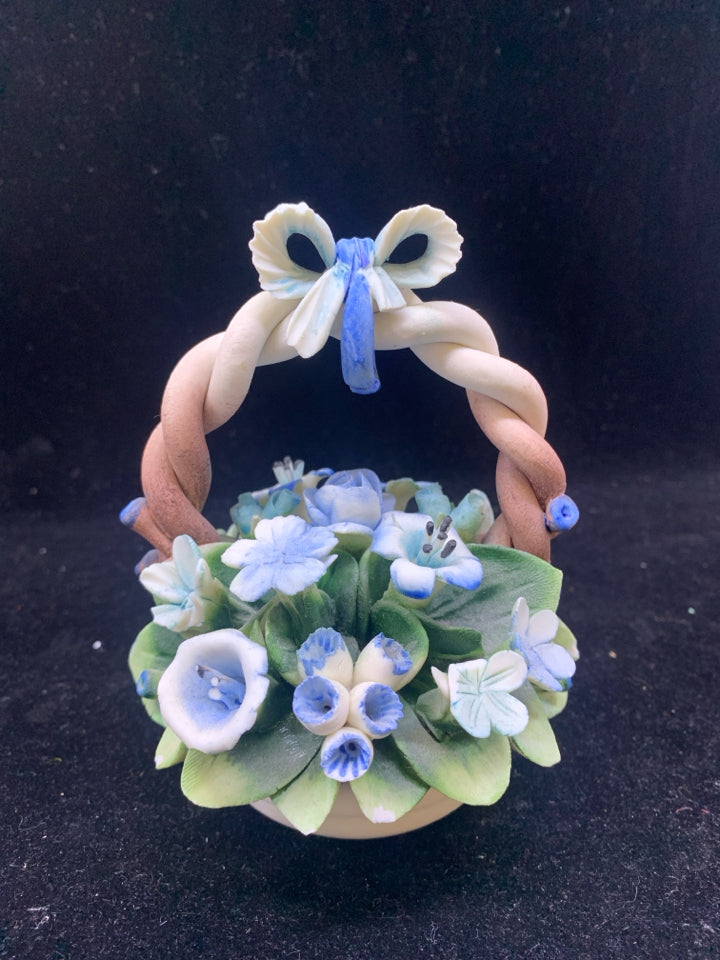 VTG BLUE EMBOSSED FLORAL BASKET.