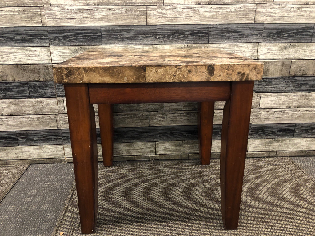 DARK WOOD BASE HEAVY MARBLE TOP SIDE TABLE.