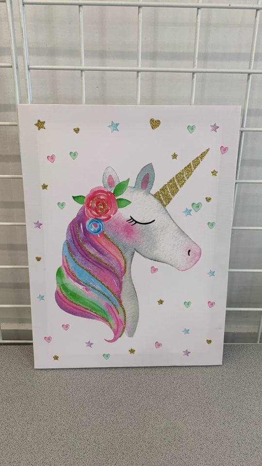 UNICORN W/GOLD ACCENT CANVAS WALL HANGING.