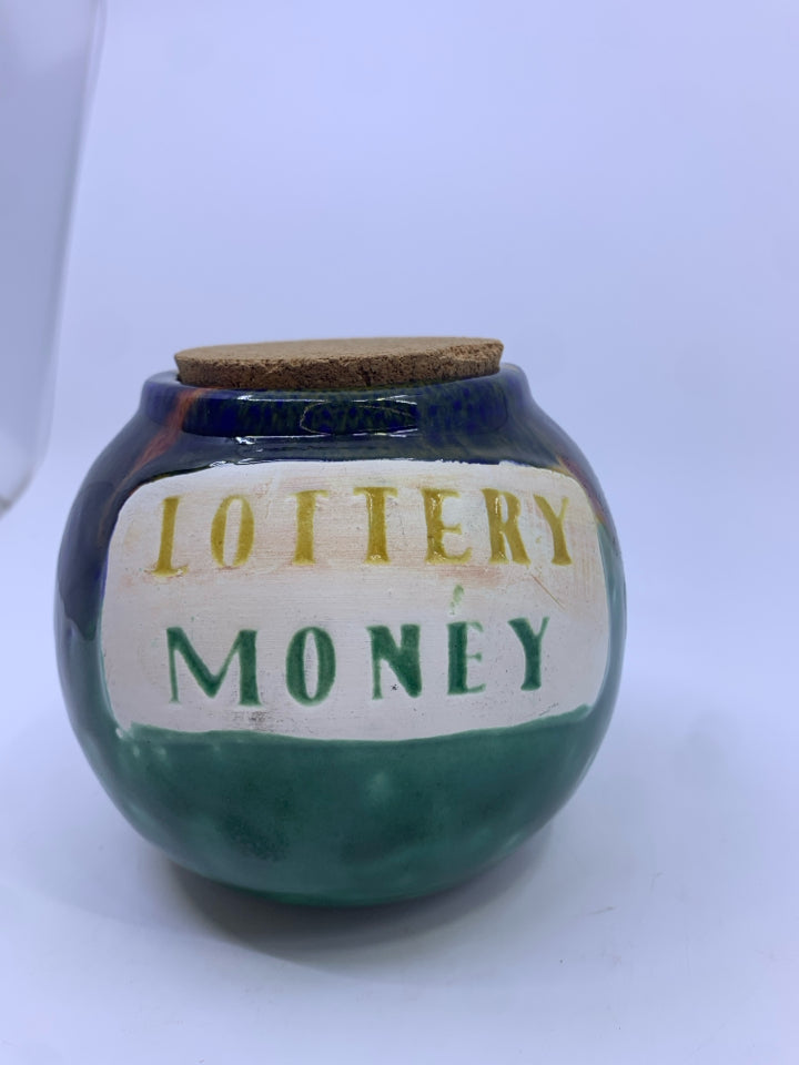 LOTTERY MONEY JAR W/CORK TOP.