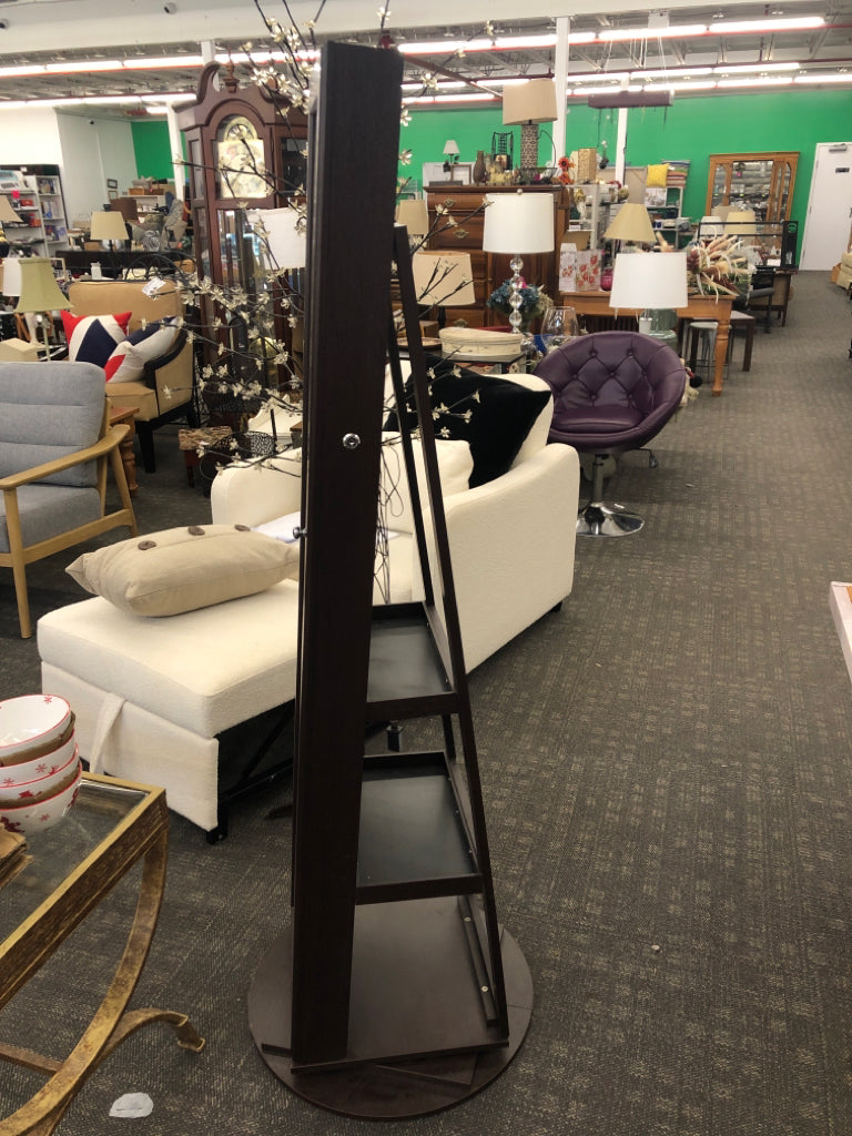DRK WOOD SWIVEL MIRROR W/JEWELRY STORAGE, SHELF STORAGE.