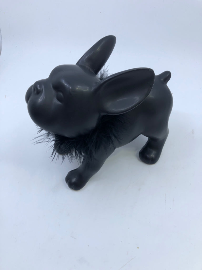 BLACK FRENCH BULLDOG STATUE W/ FEATHERED COLLAR.