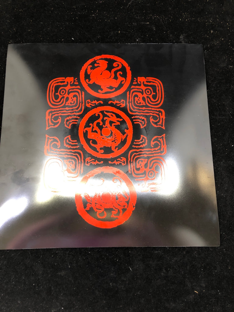BLACK GLASS RED DRAGON SERVING PLATE.