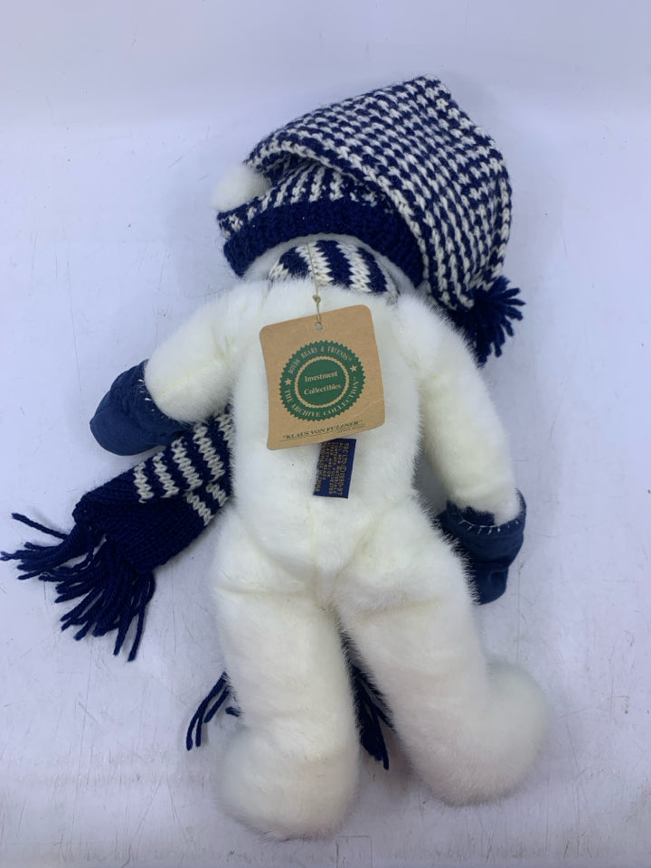 WHITE BEAR W/ NAVY MITTENS/STRIPED SCARF & HAT BOYDS BEAR.