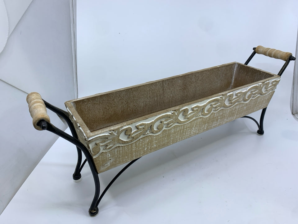 RUSTIC RAISED WOOD TRAY/ PLANTER -HANDLES.