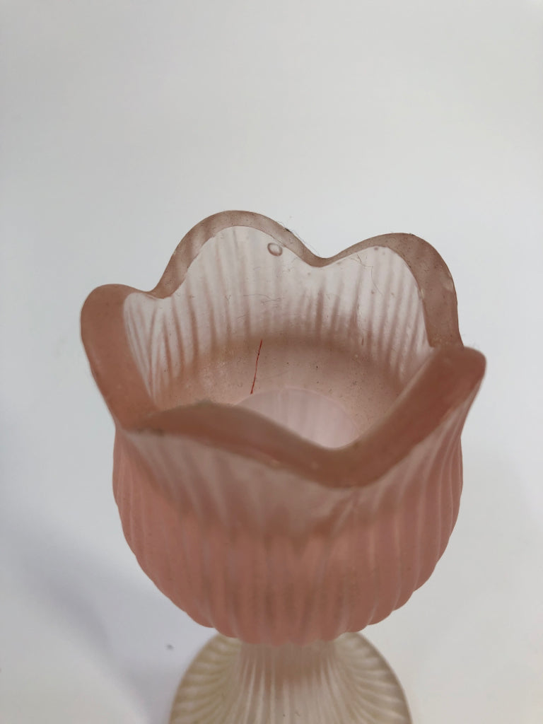VTG PINK TINTED FROSTED FLOWER CANDLE HOLDER.
