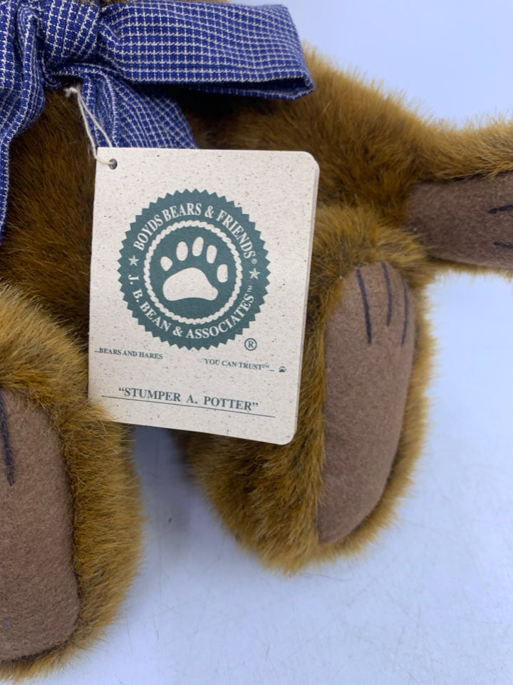 CARMEL BEAR W/ BLUE PLAID BOW.