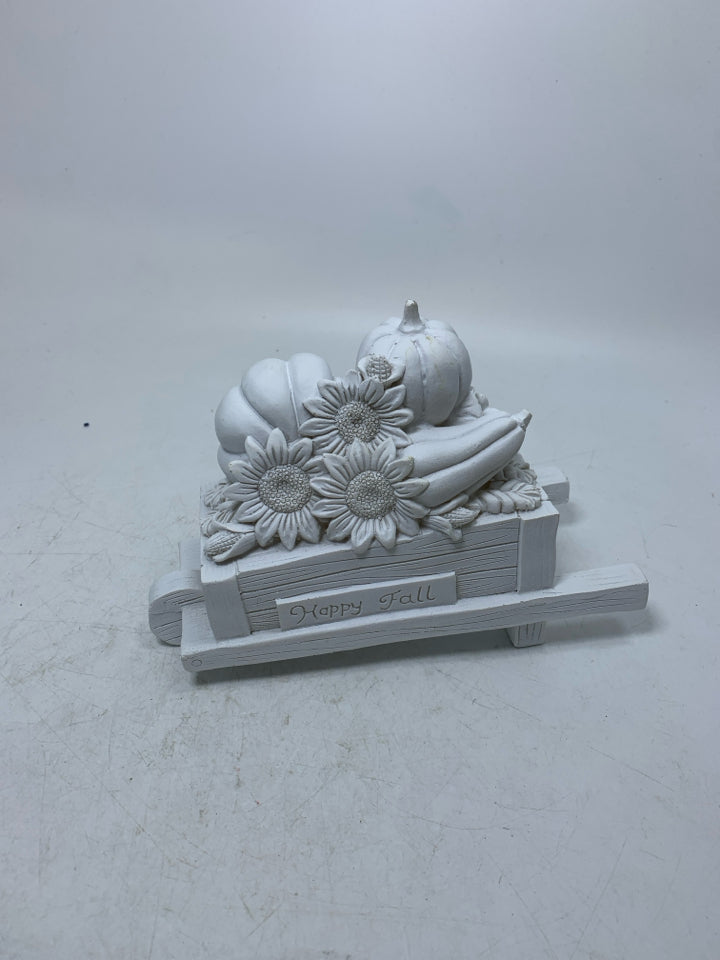 WHITE RESIN HAPPY FALL WHEEL BARROW W/ PUMPKINS.