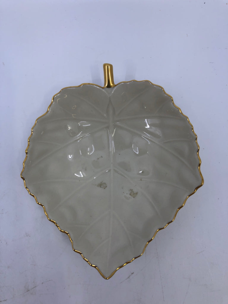 LENOX LEAF TRINKET DISH W/GOLD RIM.