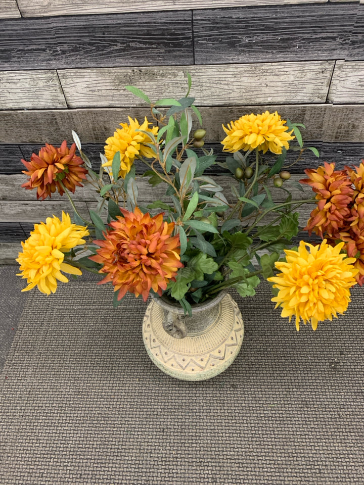 ORANGE AND YELLOW FLORAL IN CARVED POTTERY VASE.