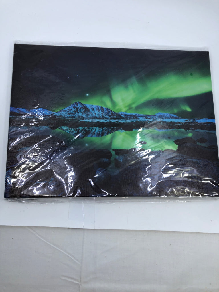 NORTHERN LIGHTS BEHIND MOUNTAIN CANVAS ART.