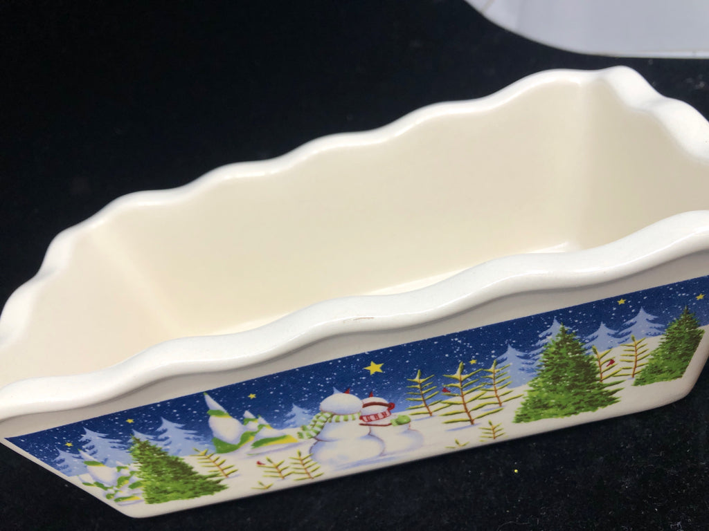 SNOWMAN COUPLE BAKING CERAMIC LOAF PAN.