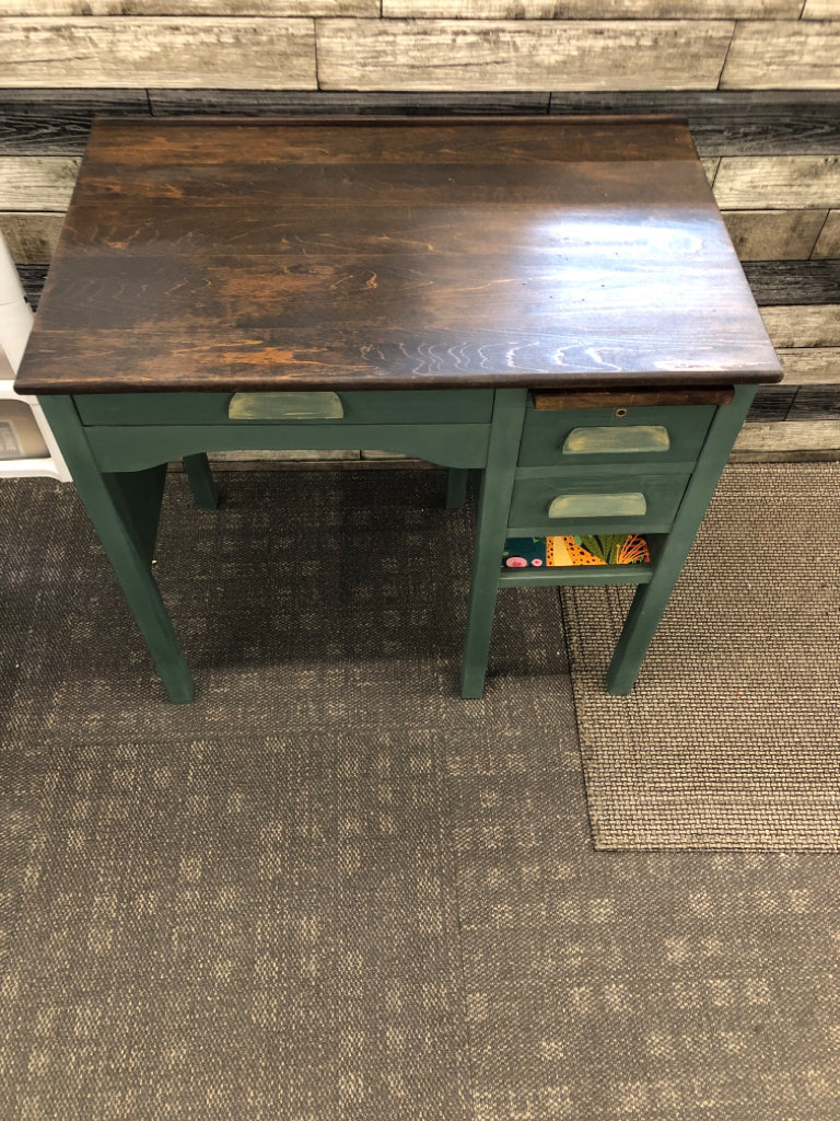 GREEN PAINTED DESK, STAINED FINISH TOP.