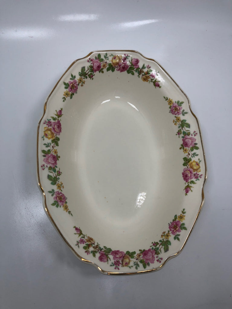 VTG PINK FLORAL OVAL SERVING BOWL W/GOLD RIM.