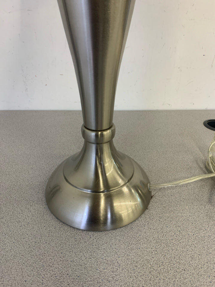 SILVER BASE LAMP W TAN SHADE.