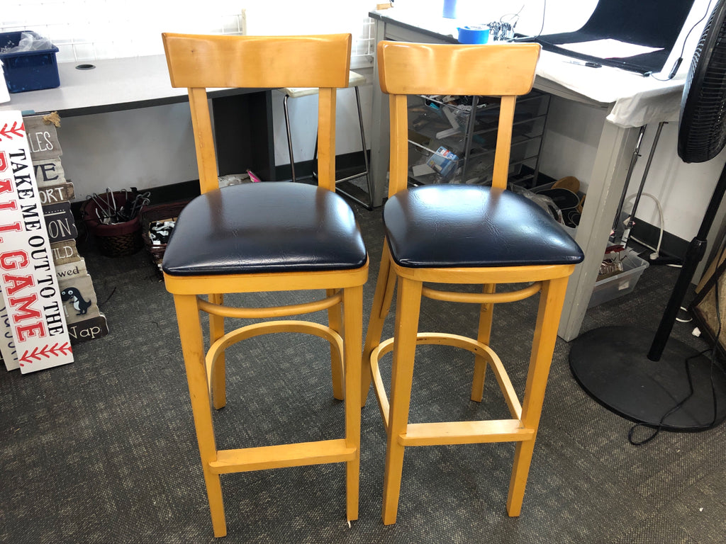 2 HIGH BACK BAR STOOLS W/FAUX BLUE LEATHER SEAT.