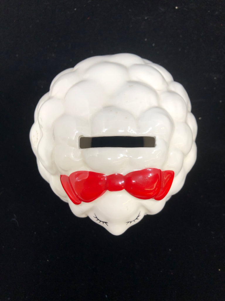 WHITE W/ RED BOW SHEEP PIGGY BANK.