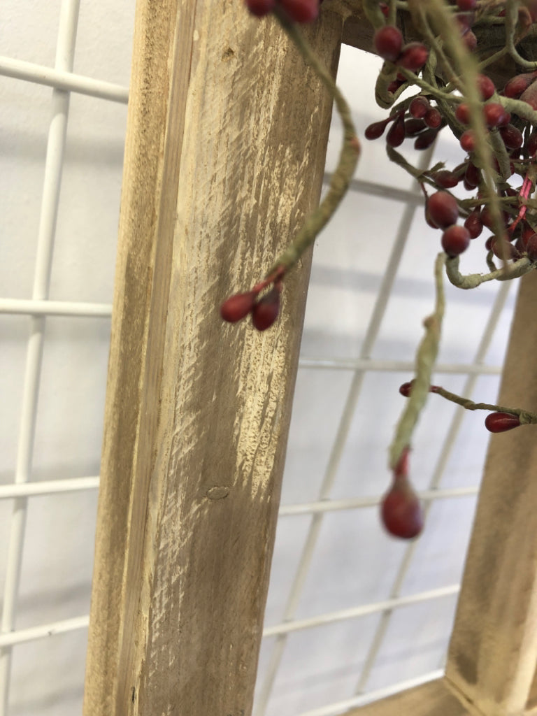 WINDOW FRAME DECOR WHITE WASHED W/FLORAL BUDS & RED BOW.